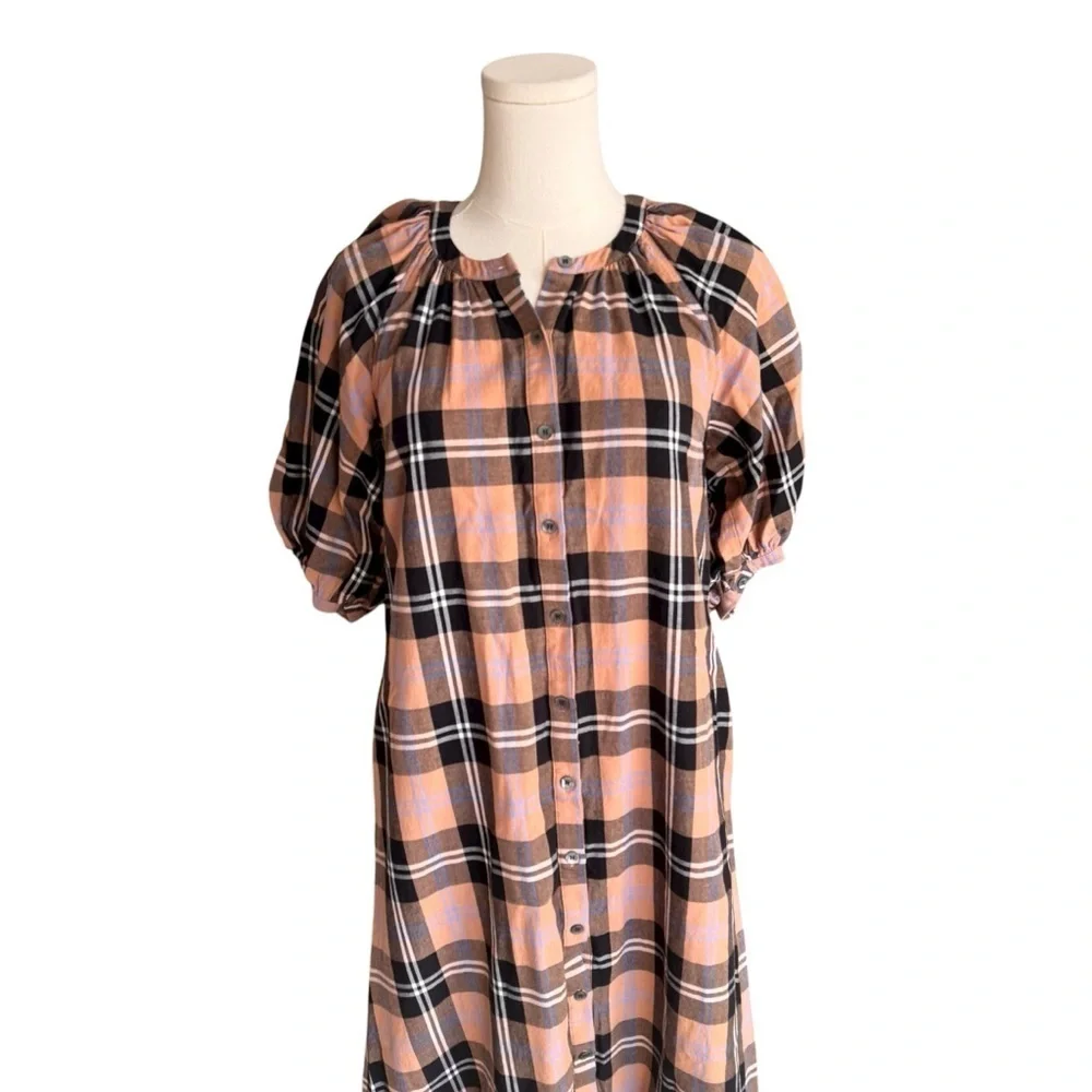 STAUD - Plaid Cotton Midi Dress Button Front Puff Sleeve Sz XS - Picture 4 of 9